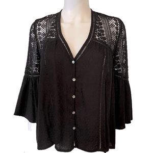 LOVESTITCH Crochet Lace Textured Fabric Bell Sleeve Button Front Boho Top SIZE M